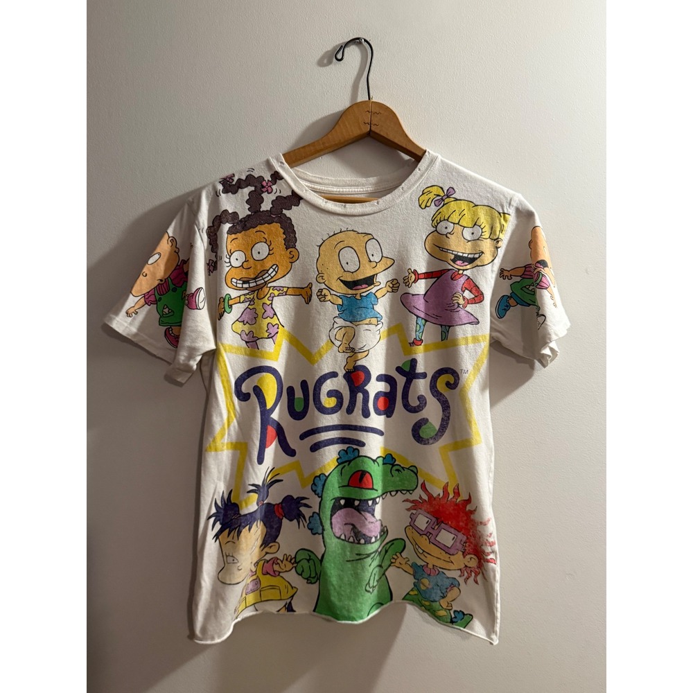 Nickelodeon Rugrats Graphic T-Shirt Mens White Cropped 90s Cartoon Reptar Tee